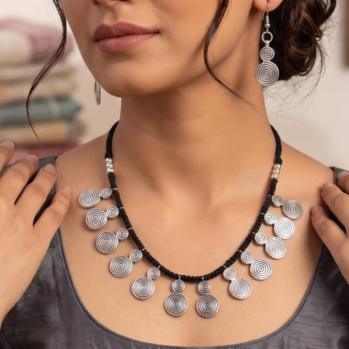German Silver Spiral Charm Necklace & Earrings