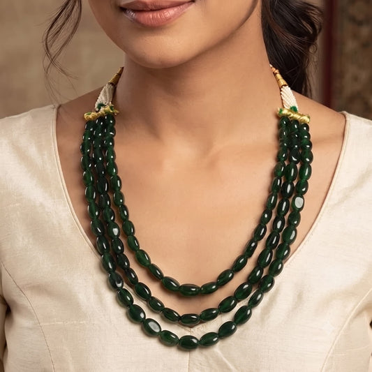 Emerald Grace Three-Strand Gemstone Beaded Necklace