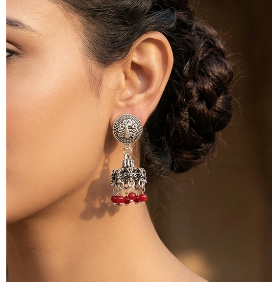 German Silver Beads Hanging Jhumki Red