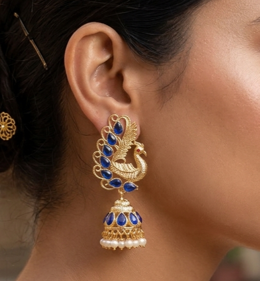 Gold Plated Peacock Kundan Jhumka Earring