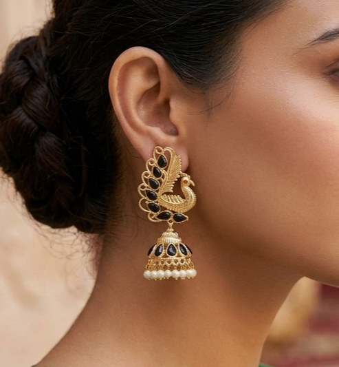 Gold Plated Peacock Kundan Jhumka Earring