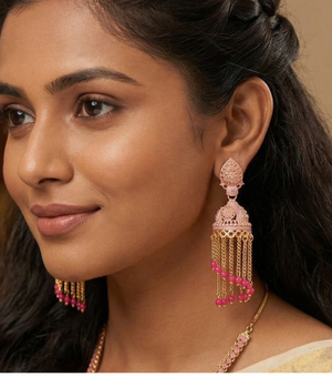 Meenakari Dangler Jhumka Earrings Pink