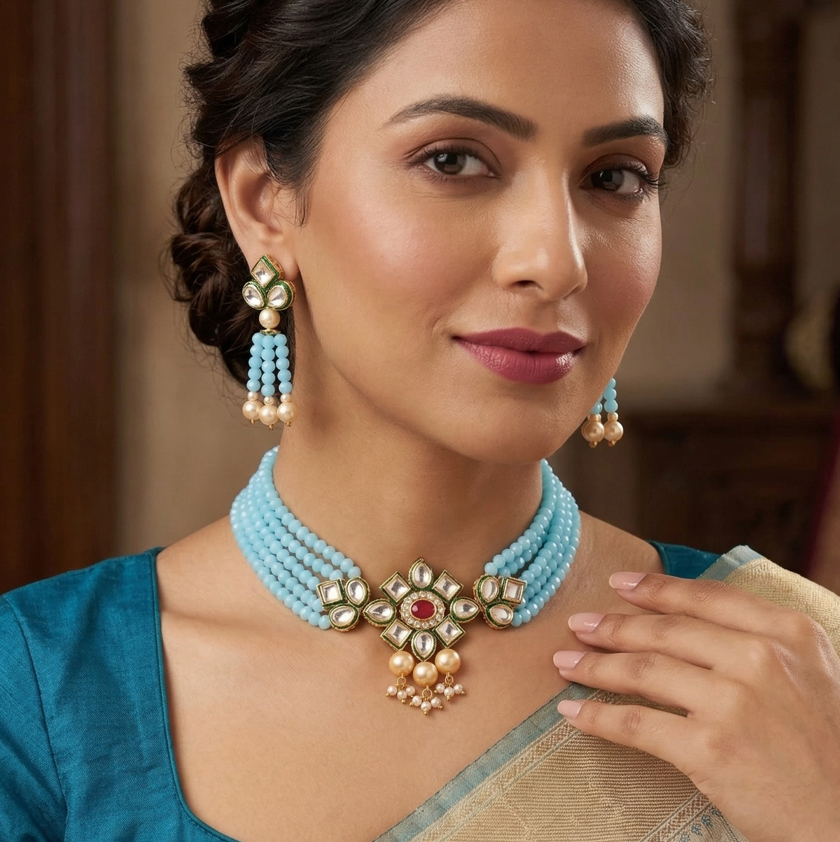 Glass Crystal Beaded Kundan Choker Set
