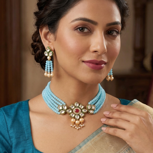 Glass Crystal Beaded Kundan Choker Set