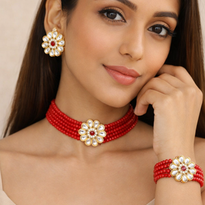 Glass Crystal Beaded Kundan Choker, Bracelet and Earring