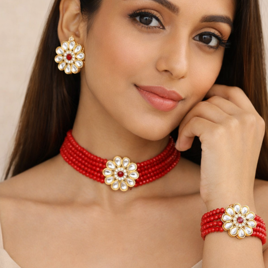 Glass Crystal Beaded Kundan Choker, Bracelet and Earring