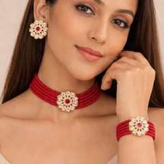 Glass Crystal Beaded Kundan Choker, Bracelet and Earring