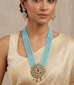 Glass Crystal Beaded Kundan Multilayer Necklace Earring Set