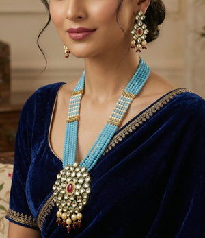 Glass Crystal Beaded Kundan Multilayer Designer Necklace Earring Set
