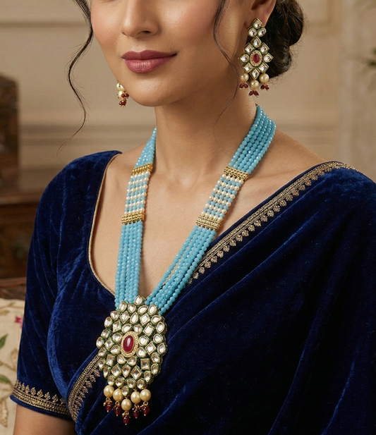 Glass Crystal Beaded Kundan Multilayer Designer Necklace Earring Set