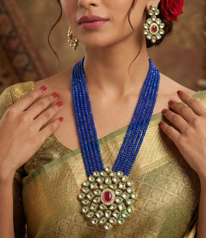 Glass Crystal Beaded Kundan Multilayer Necklace Earring Set