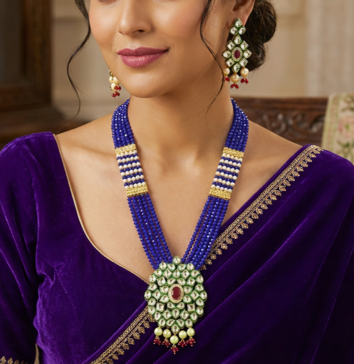Glass Crystal Beaded Kundan Multilayer Designer Necklace Earring Set