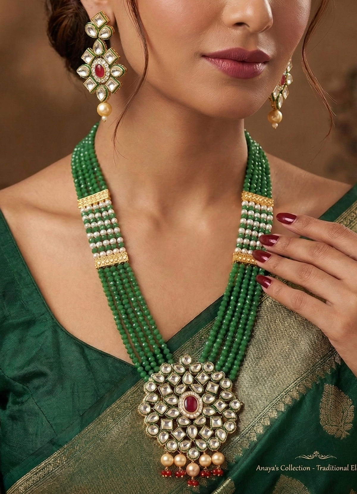 Glass Crystal Beaded Kundan Multilayer Designer Necklace Earring Set