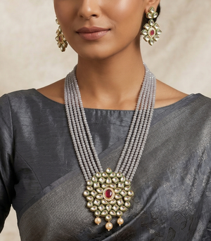Glass Crystal Beaded Kundan Multilayer Necklace Earring Set