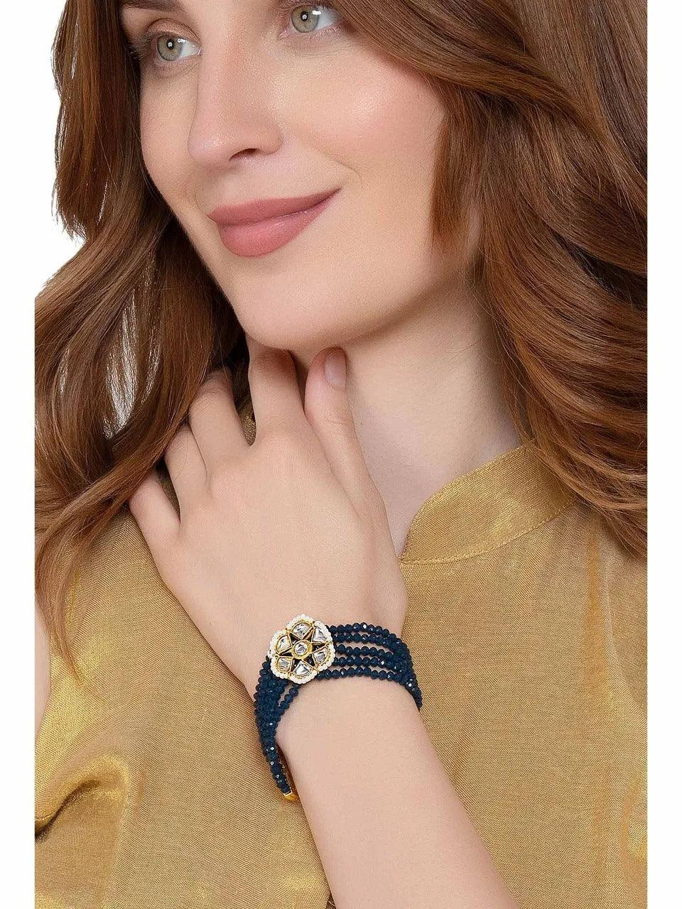 Kundan Work Glass Crystal Beads Bracelet Blue