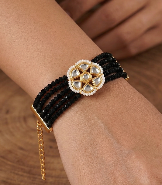 Kundan Work Glass Crystal Beads Bracelet Black