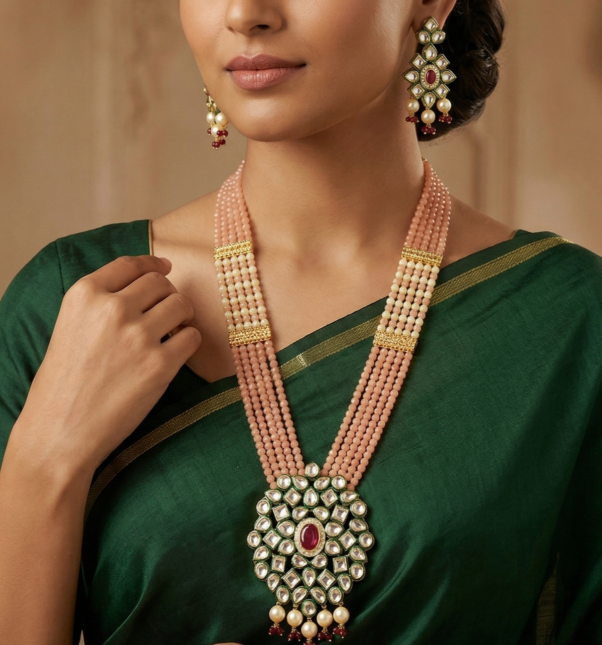 Glass Crystal Beaded Kundan Multilayer Designer Necklace Earring Set