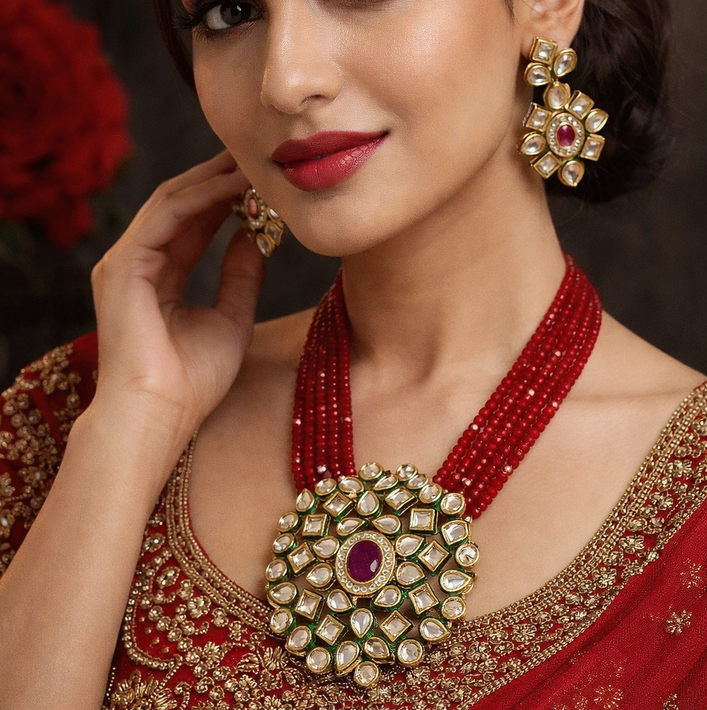 Glass Crystal Beaded Kundan Multilayer Necklace Earring Set