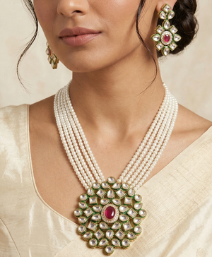 Glass Crystal Beaded Kundan Multilayer Necklace Earring Set