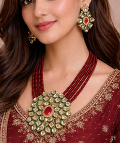 Glass Crystal Beaded Kundan Multilayer Necklace Earring Set