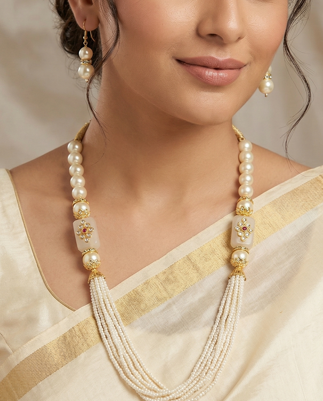 Glass Kundan Beaded Long Necklace For Girls