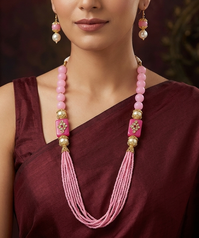 Glass Kundan Beaded Long Necklace For Girls