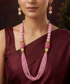 Glass Kundan Beaded Long Necklace For Girls