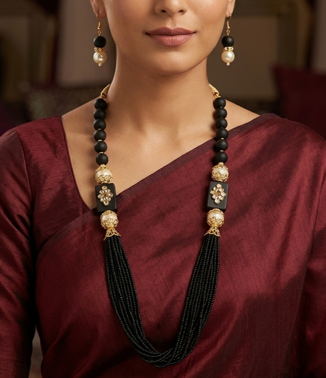 Glass Kundan Beaded Long Necklace For Girls