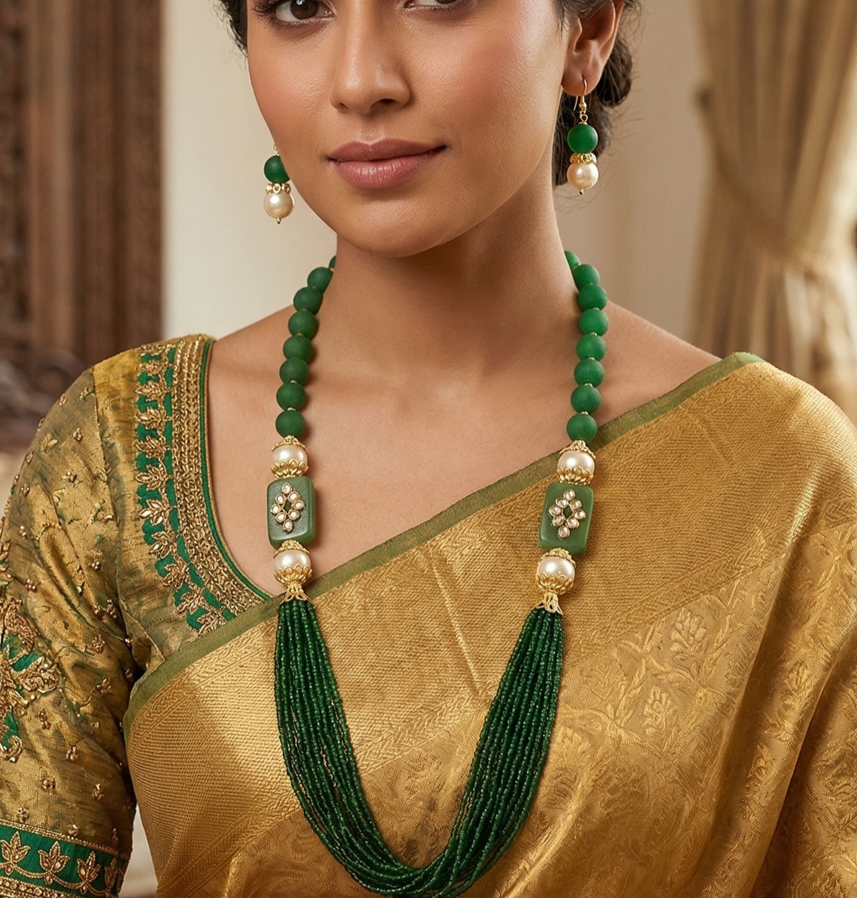 Glass Kundan Beaded Long Necklace For Girls