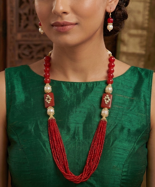 Glass Kundan Beaded Long Necklace For Girls