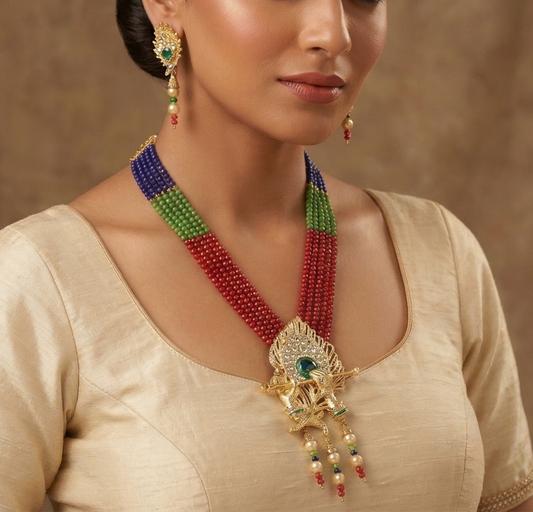 Crystal Beaded Lord Krishna Murli Pankha Kundan Necklace Set