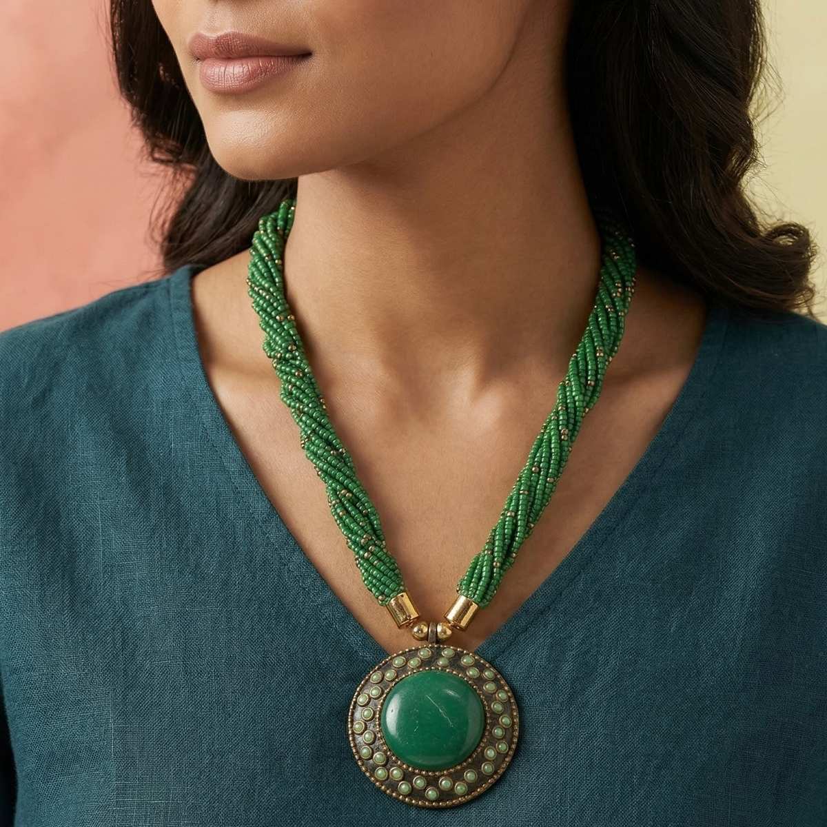 Seed Beads Necklace With Tibetan Pendant