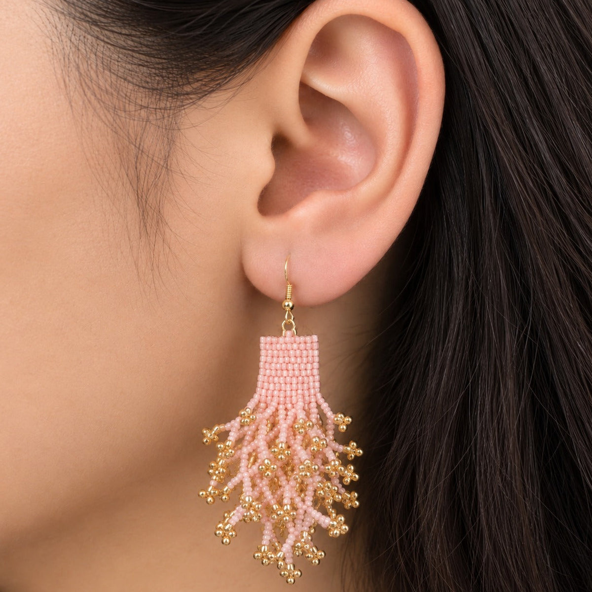Elegant Pink Beaded Fringe Earring