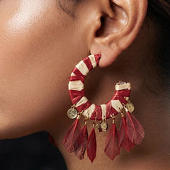 Raffia Hoop Earrings with Feather Charms
