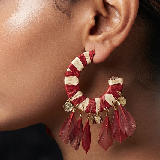 Raffia Hoop Earrings with Feather Charms