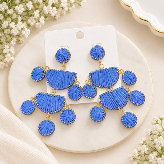 Blue Raffia Tiered Statement Earrings