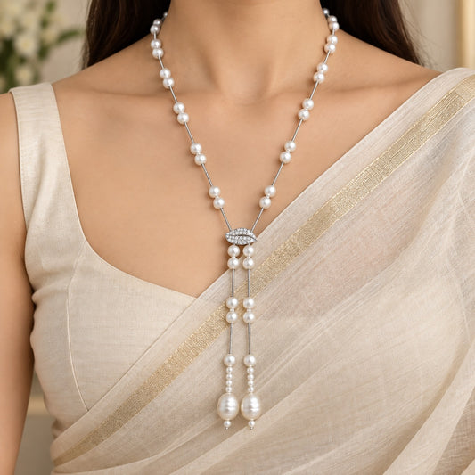 Classic White Pearl Lariat Necklace