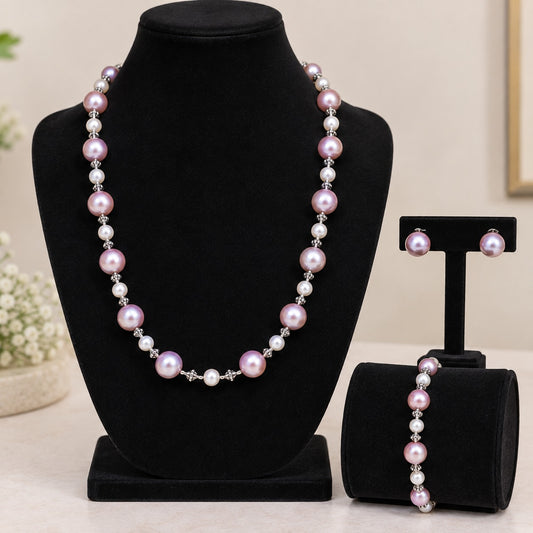 Pink Pearl Necklace & Bracelet Set