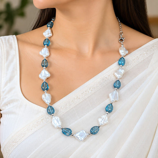 Aqua Blue & White Pearl Necklace