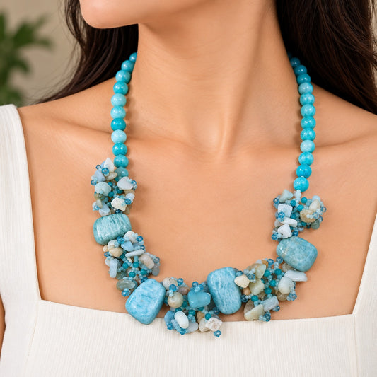 Aqua Blue Shell & Beaded Statement Necklace