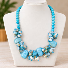 Aqua Blue Shell & Beaded Statement Necklace