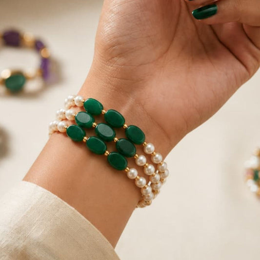 3 Layer Green Oval Bead & Pearl Bracelet