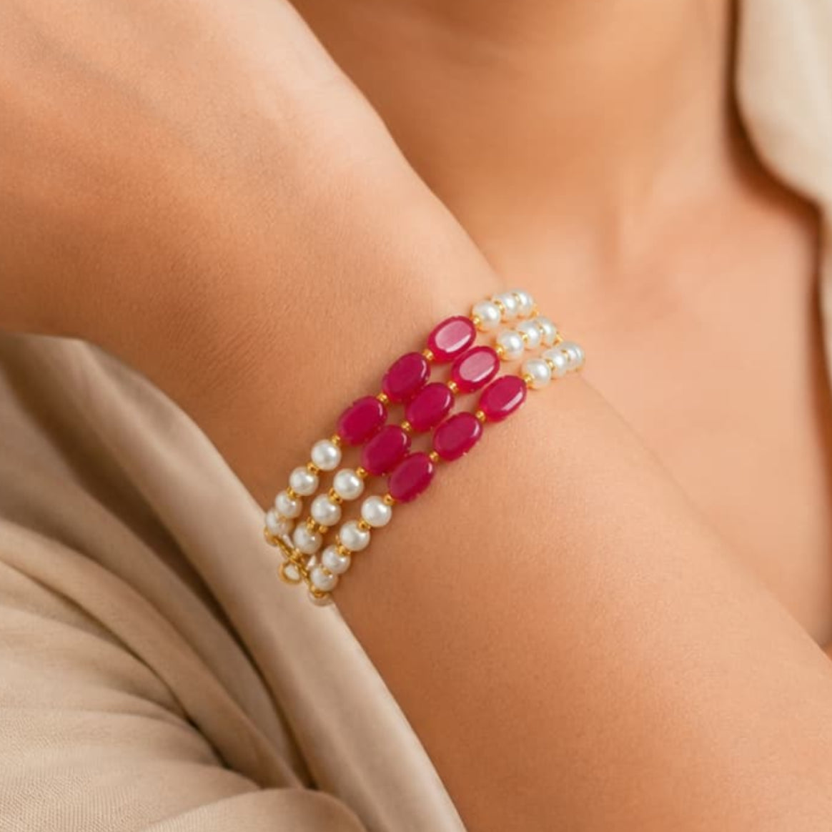 3 Layer Maroon Oval Bead & Pearl Bracelet