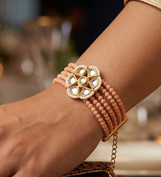 Kundan Work Glass Crystal Beads Bracelet Peach